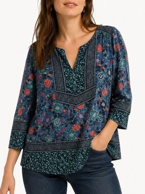 Lucky Brand V-Neck Floral Peasant Shirt Top Blue Green 1X